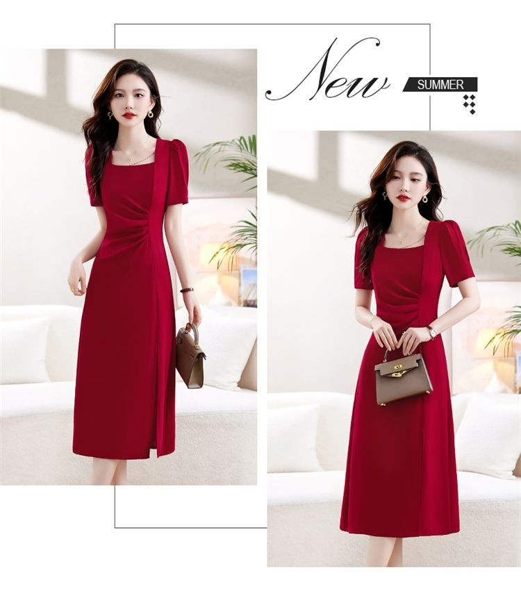 2024新款紅色連衣裙 夏裝潮流收腰顯瘦氣質高級感a字裙