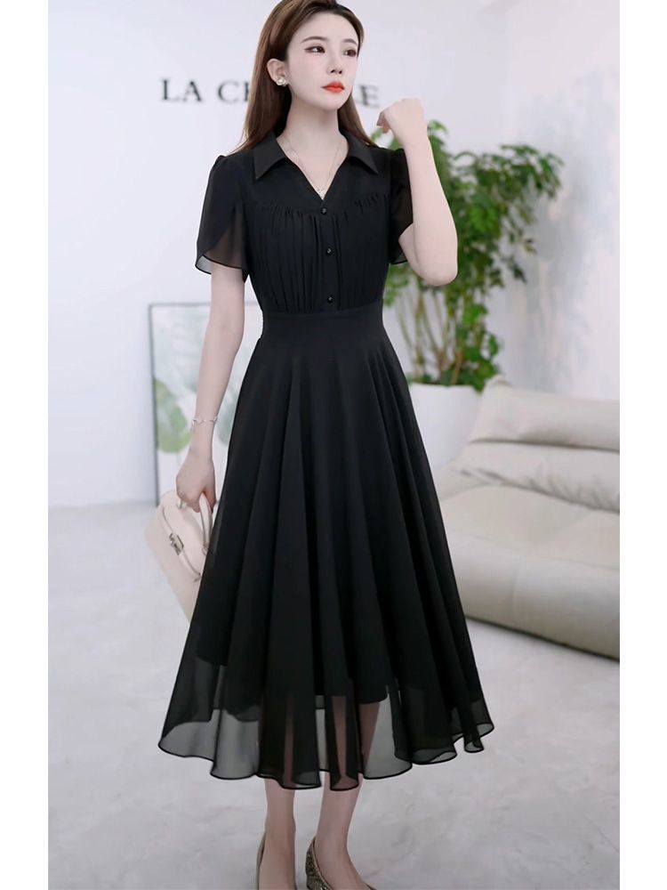 2024夏季新款氣質短袖襯衫連衣裙 高檔顯瘦黑色時尚高級裙子
