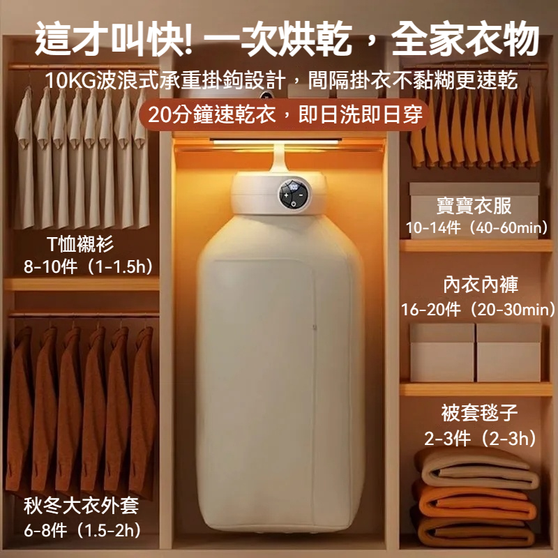 德國品質 家用便攜可折疊烘乾機 嬰兒烘衣機 全自動靜音+石墨烯快速烘乾+智能定時+五重殺菌+UV除蟎+負離子祛味+隨心扣衣架掛鉤