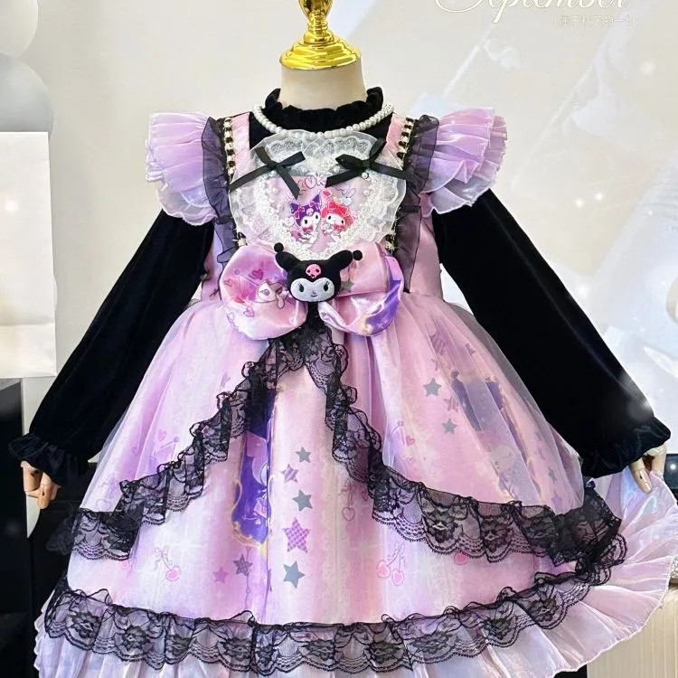 女童加绒紫色库洛米/粉色美樂蒂/藍色肉桂狗2025新款公主连衣裙