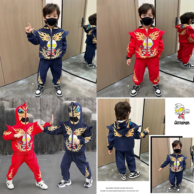 【舒適面料】男孩喜歡的酷帥亮燈發光超人火焰眼鏡連帽卡通外套+褲子運動兩件套裝