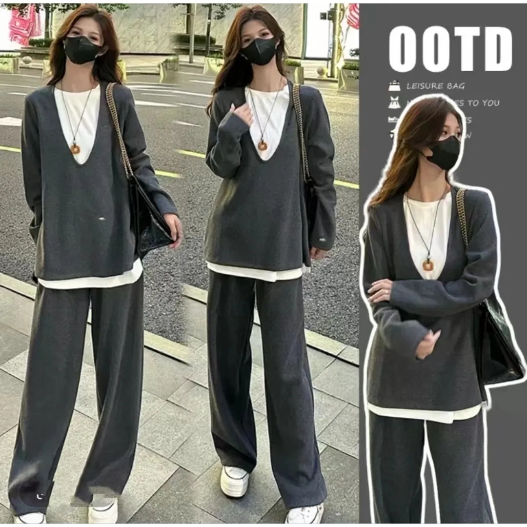 氣質韓版設計感假兩件撞色上衣休閒長褲針織兩件套，舒適好看，秒變大長腿
