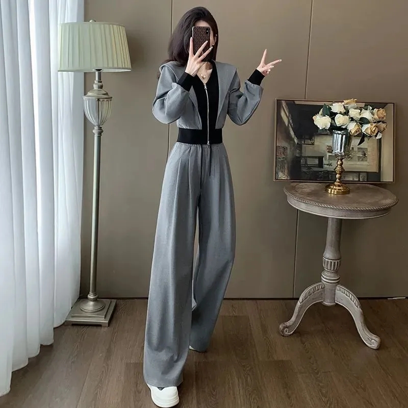 春季時尚連帽拼接款假兩件長袖寬褲休閒運動兩件套，寬鬆舒適，大方成熟，溫柔軟糯