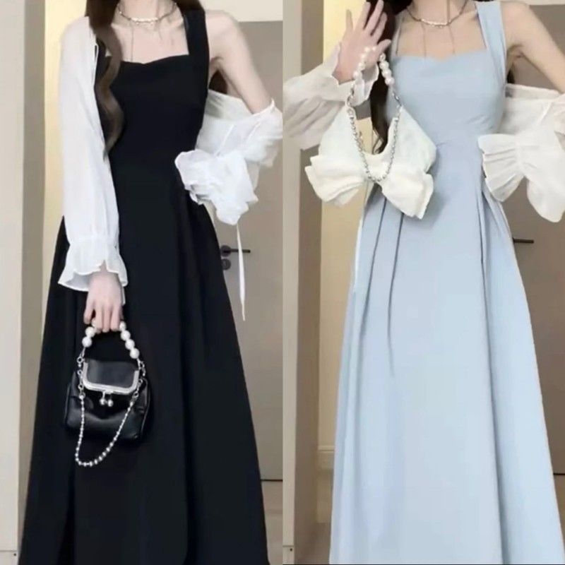 【熱賣】甜美温柔风交叉绑带收腰裙+防曬開衫，超显瘦超顯氣質