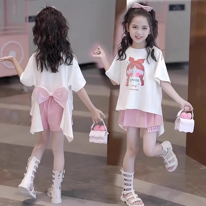 2025年新款時尚卡通可愛蝴蝶結短袖+褲裙兩件，110-170公分，贈送粉色百搭斜背包