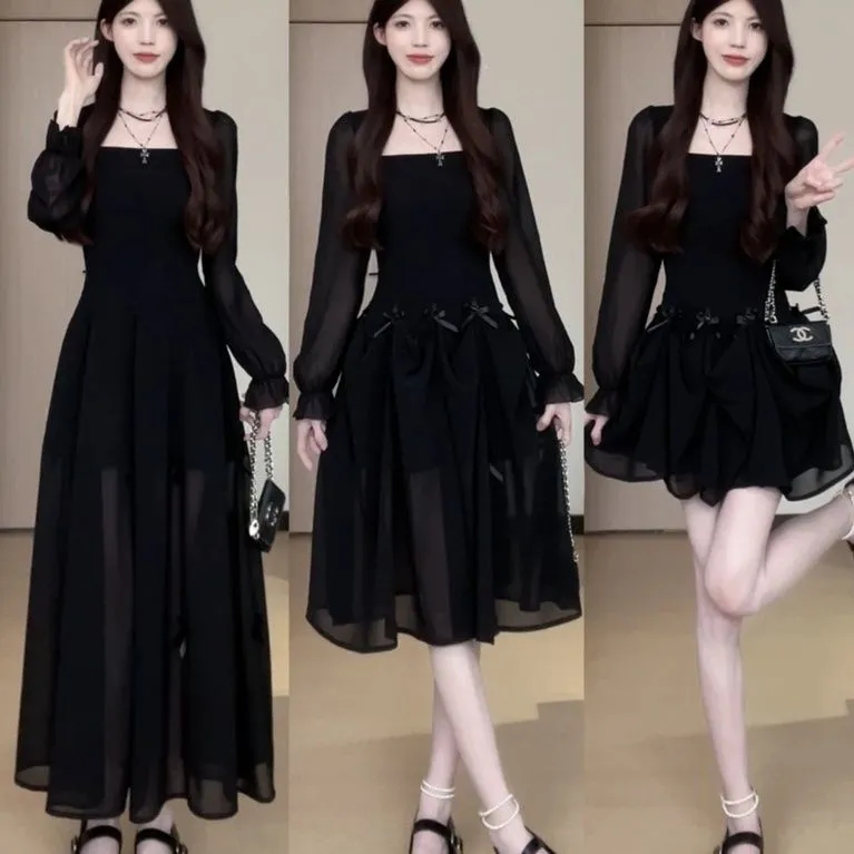 【一裙多穿收腰顯瘦】2025新款法式赫本蝴蝶結吊帶/長袖連衣裙【短裙,中裙,長裙】，修身百搭，氣質減齡