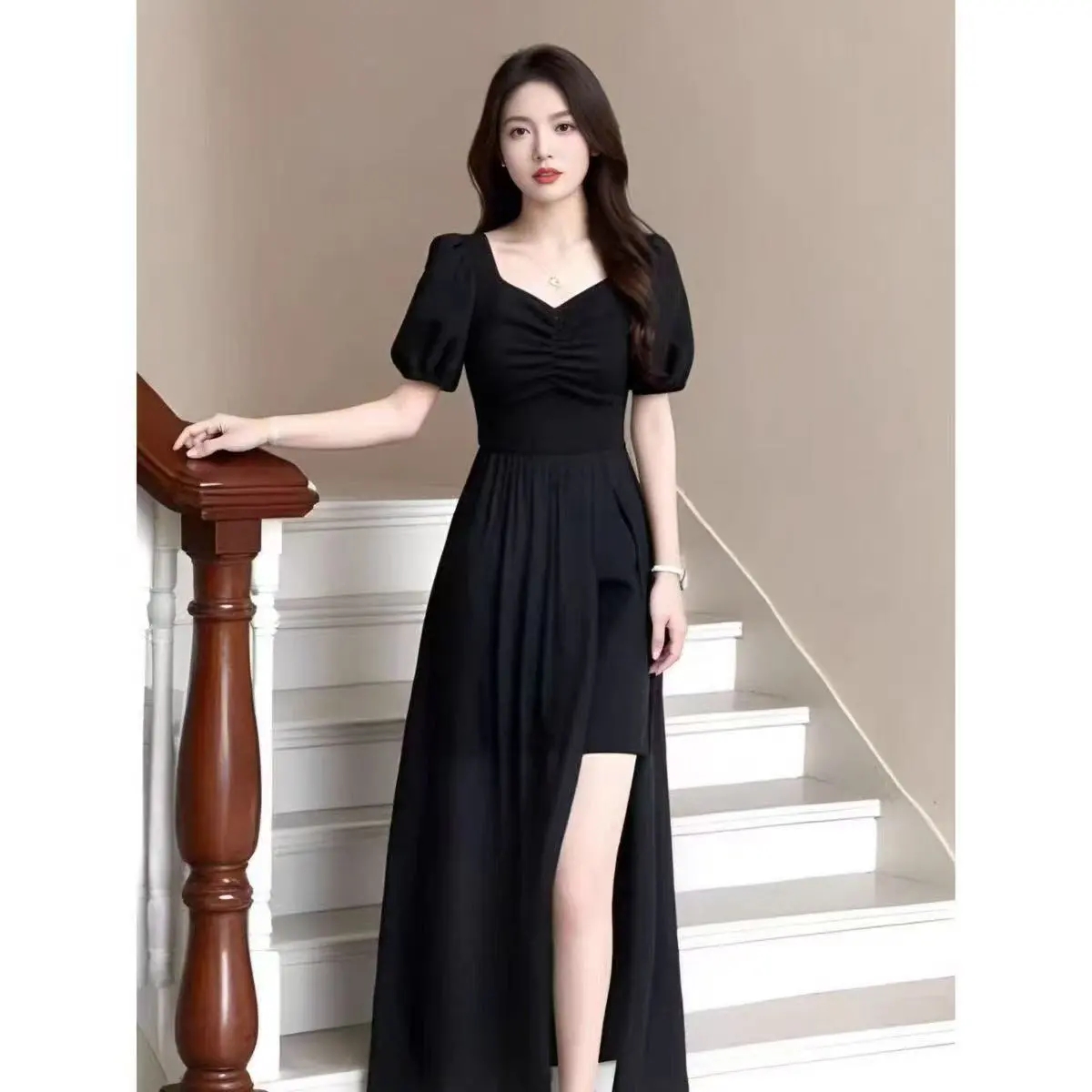 夏季短袖連衣裙收腰顯瘦開叉遮肚子顯氣質長裙