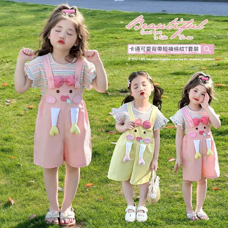 女童夏裝可愛小豬條紋背心+背帶短褲兩件組