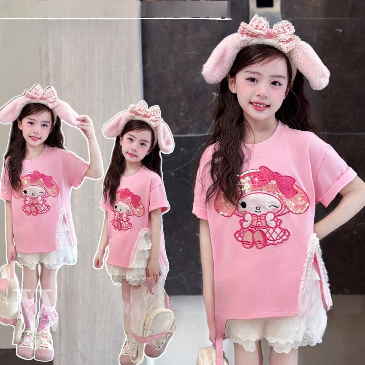 2025年新款兒童洋氣開叉T卹+百褶蕾絲褲裙兩件組，庫洛米、美樂蒂、肉桂狗、HelloKitty