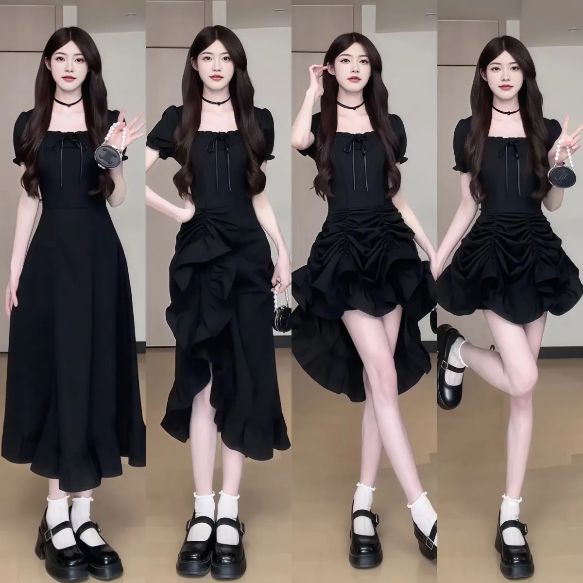 法式方領抽繩一裙四穿短袖連衣裙，收腰顯瘦，時尚顯氣質