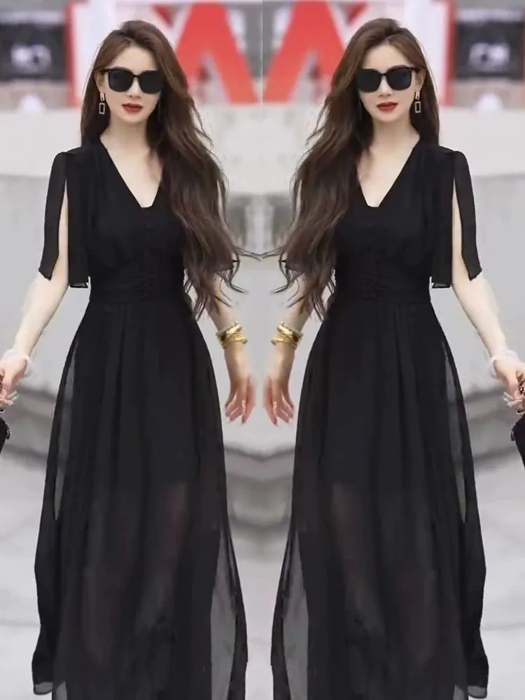 氣質女人味夏季連衣裙2025款黑色顯瘦百搭中長收腰網紗拼接裙子