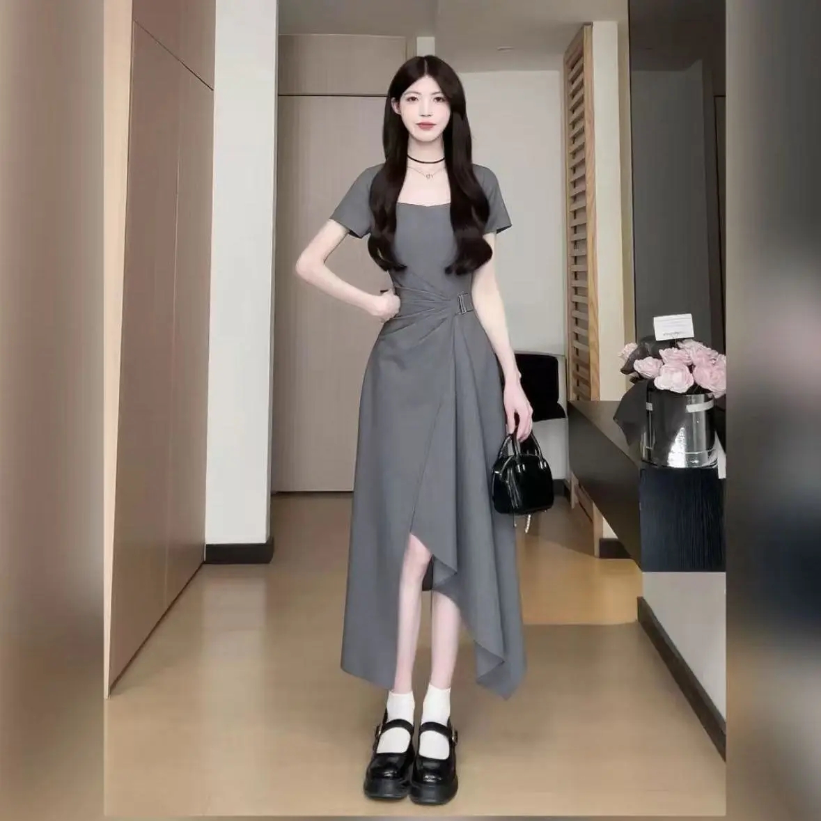 法式不規則下擺一片式收腰顯瘦連衣裙 ,3色可選，S-4XL碼