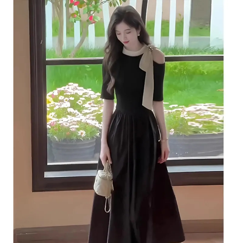 夏季女神氣質高級感法式黑色長裙