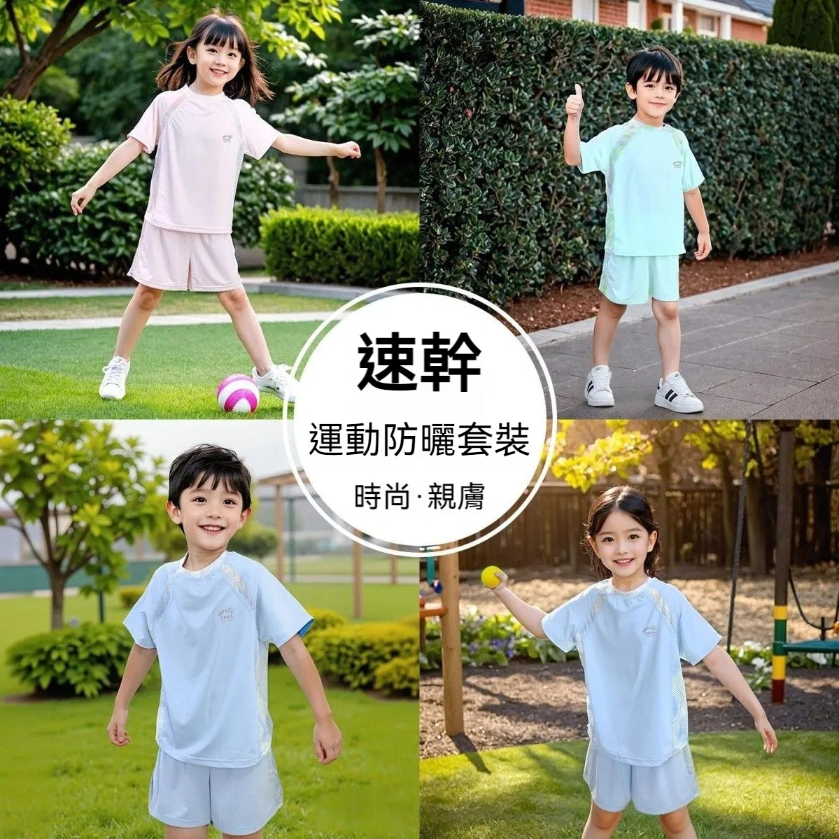 兒童夏季防曬運動速乾上衣+褲子兩件組，冰感網面透氣，3款顔色，適合身高80-175公分