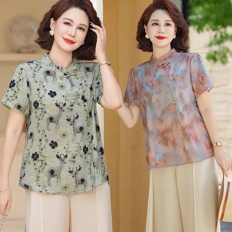 2025優雅氣質媽媽夏季高檔雙絲皺短袖小衫上衣+褲子兩件組，大尺碼寬鬆，顯瘦減齡