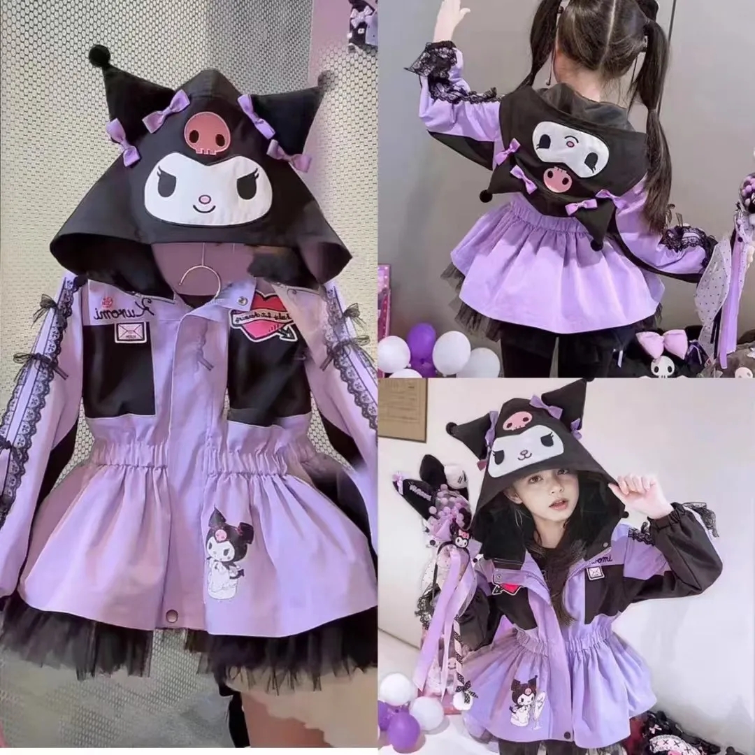 2025秋季新款兒童洋氣時尚庫洛米衝鋒衣，春秋/加棉加厚休閒風衣外套【贈送兒童髮飾髮繩16件】