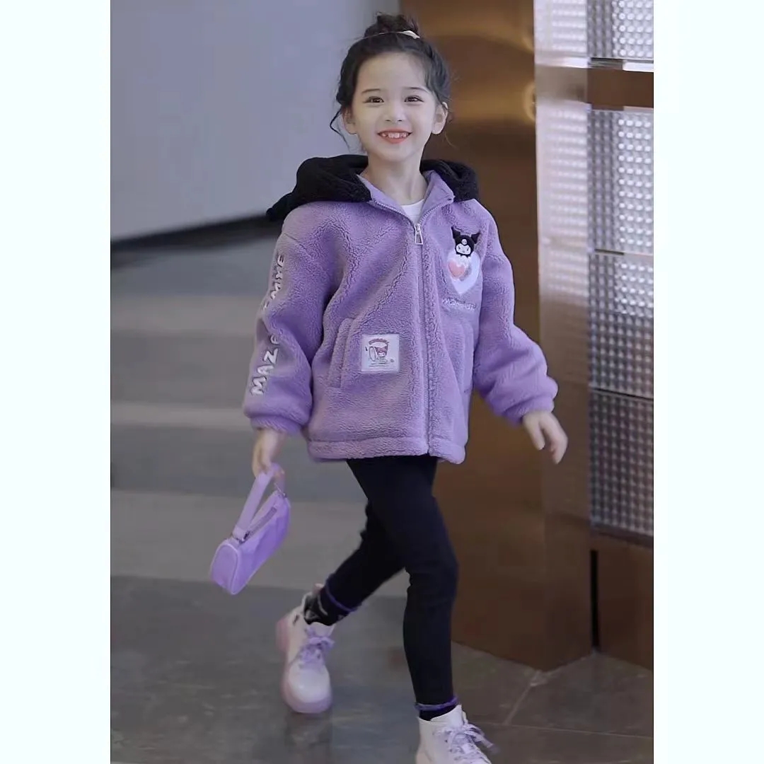 女童庫洛米毛毛衣2025新款冬季加絨加厚卡通休閒外套【贈送兒童髮飾髮繩16件】