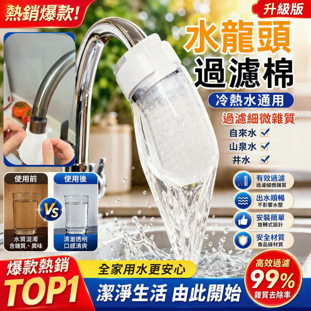 正品水龍頭過滤棉【高效過濾净化水質+無需拆洗+贈送綁帶】廚房、浴室都好用！多種水龍頭都能用，冷熱水通用，高密度多層過濾雜質/泥沙/蟲卵/水垢，出水也能更柔順，用水更安心！